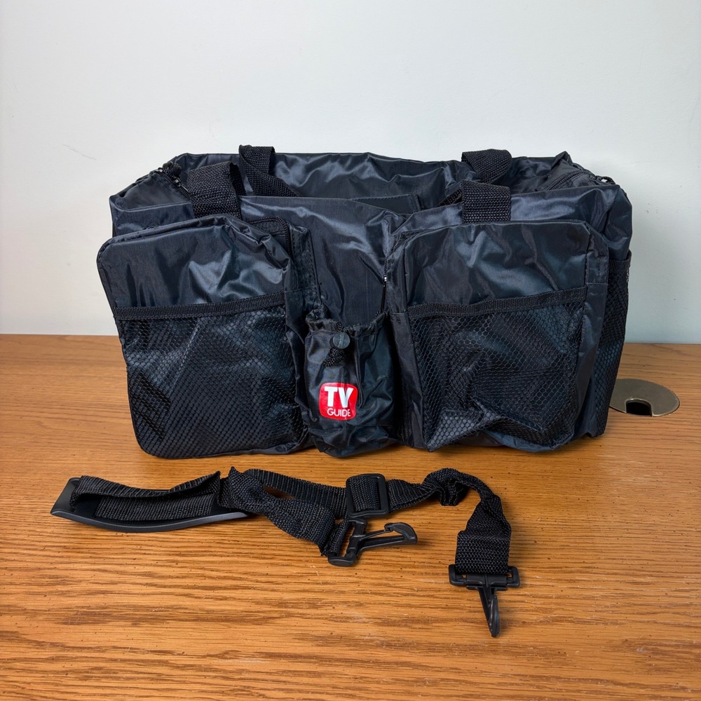TV Guide Black Nylon Utility Duffle Bag Multi Pocket Shoulder Strap Vintage